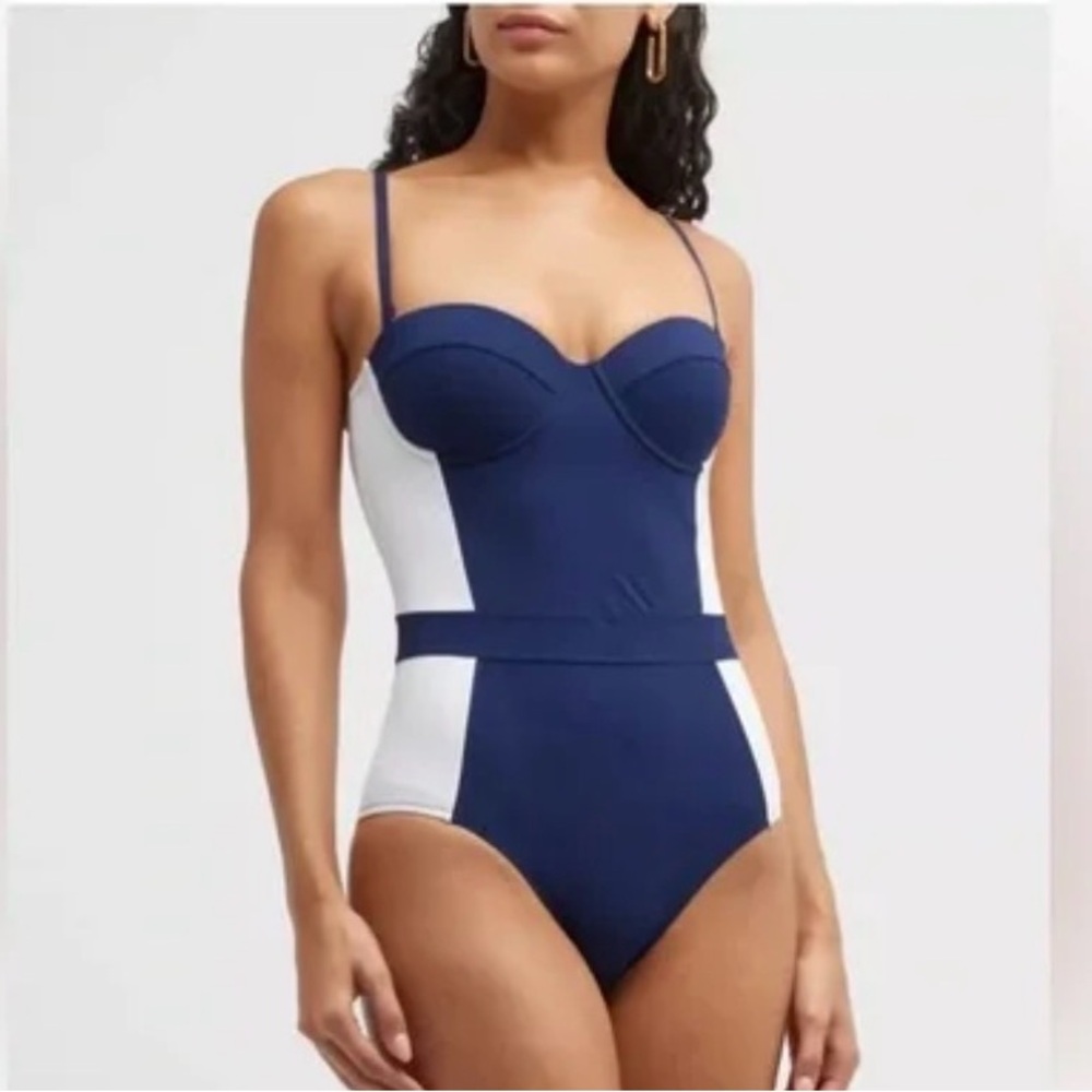 Tory Burch Swim Lipsi Colorblock Navy White Bandeau One-Piece Swimsuit Size M - Picture 3 of 10